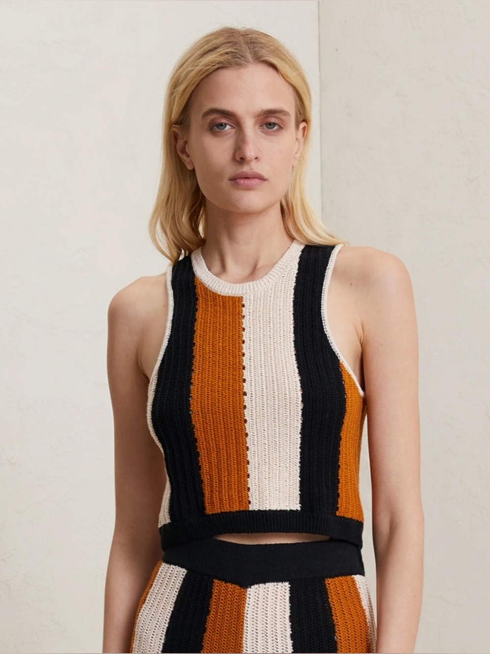 A.L.C. Marco Top Knit Tank Sleeveless Striped Black Tan Brown Cotton Large